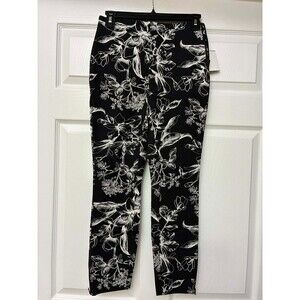 Women's Black White Floral Ankle Pants Zip Hem Stretch Slim Fit NWT